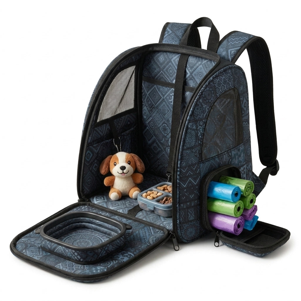 MadhtSa™ Bohemian Pet Carrier Backpack for Small Dogs & Cats - Ergonomic Travel Dog Backpack with Built-in Collapsible Bowl, Poop Bag Dispenser & Matching Treat Pouch - Vibrant Boho Cat Backpack Carrier for Hiking & Travel