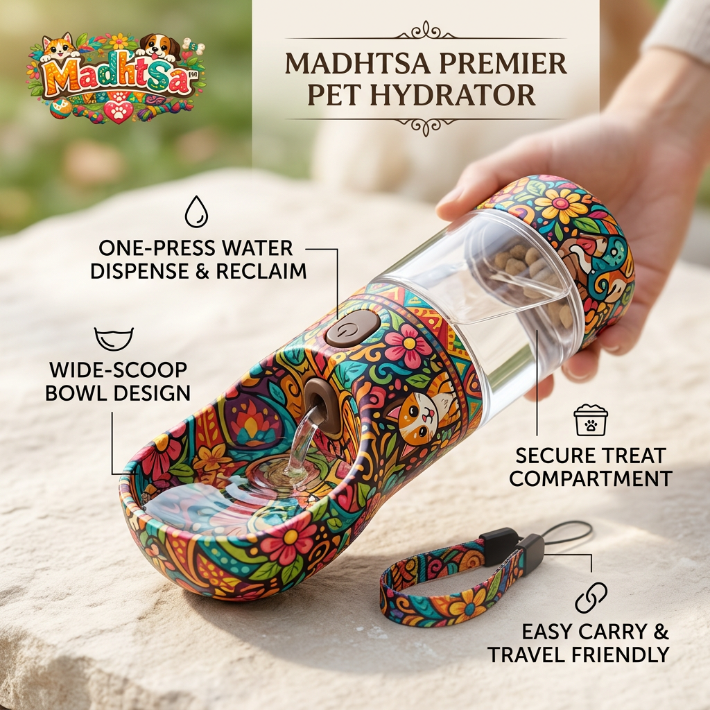 MadhtSa™ 2-in-1 Portable Dog Water Bottle and Treat Dispenser, Leak-Proof Pet Travel Hydrator with Wide-Scoop Drinking Bowl, One-Press Water Control, and Carrying Strap for Walking, Hiking, and Outdoor Travel