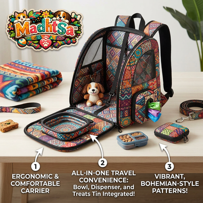 MadhtSa™ Bohemian Pet Carrier Backpack for Small Dogs & Cats - Ergonomic Travel Dog Backpack with Built-in Collapsible Bowl, Poop Bag Dispenser & Matching Treat Pouch - Vibrant Boho Cat Backpack Carrier for Hiking & Travel