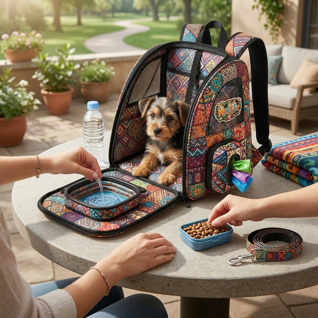 MadhtSa™ Bohemian Pet Carrier Backpack for Small Dogs & Cats - Ergonomic Travel Dog Backpack with Built-in Collapsible Bowl, Poop Bag Dispenser & Matching Treat Pouch - Vibrant Boho Cat Backpack Carrier for Hiking & Travel