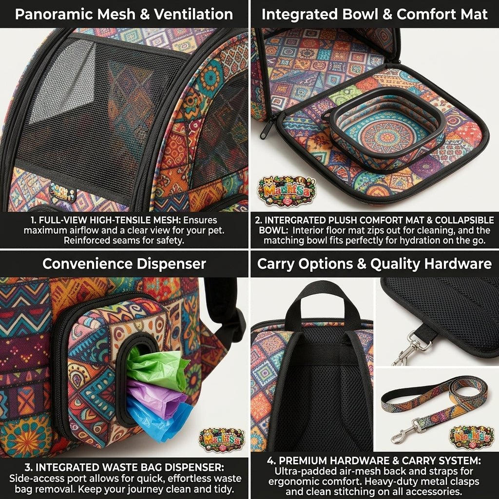 MadhtSa™ Bohemian Pet Carrier Backpack for Small Dogs & Cats - Ergonomic Travel Dog Backpack with Built-in Collapsible Bowl, Poop Bag Dispenser & Matching Treat Pouch - Vibrant Boho Cat Backpack Carrier for Hiking & Travel