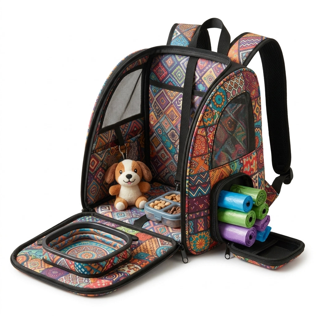 MadhtSa™ Bohemian Pet Carrier Backpack for Small Dogs & Cats - Ergonomic Travel Dog Backpack with Built-in Collapsible Bowl, Poop Bag Dispenser & Matching Treat Pouch - Vibrant Boho Cat Backpack Carrier for Hiking & Travel
