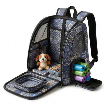 MadhtSa™ Bohemian Pet Carrier Backpack for Small Dogs & Cats - Ergonomic Travel Dog Backpack with Built-in Collapsible Bowl, Poop Bag Dispenser & Matching Treat Pouch - Vibrant Boho Cat Backpack Carrier for Hiking & Travel