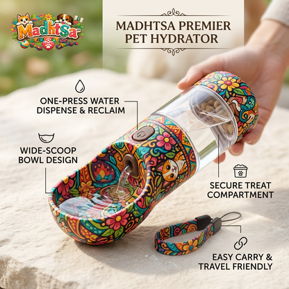 MadhtSa™ 2-in-1 Portable Dog Water Bottle and Treat Dispenser, Leak-Proof Pet Travel Hydrator with Wide-Scoop Drinking Bowl, One-Press Water Control, and Carrying Strap for Walking, Hiking, and Outdoor Travel