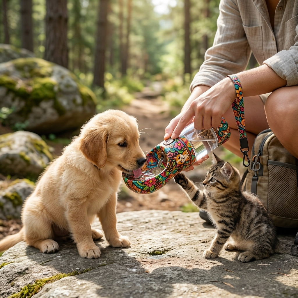 MadhtSa™ 2-in-1 Portable Dog Water Bottle and Treat Dispenser, Leak-Proof Pet Travel Hydrator with Wide-Scoop Drinking Bowl, One-Press Water Control, and Carrying Strap for Walking, Hiking, and Outdoor Travel