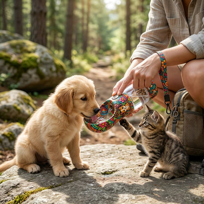 MadhtSa™ 2-in-1 Portable Dog Water Bottle and Treat Dispenser, Leak-Proof Pet Travel Hydrator with Wide-Scoop Drinking Bowl, One-Press Water Control, and Carrying Strap for Walking, Hiking, and Outdoor Travel
