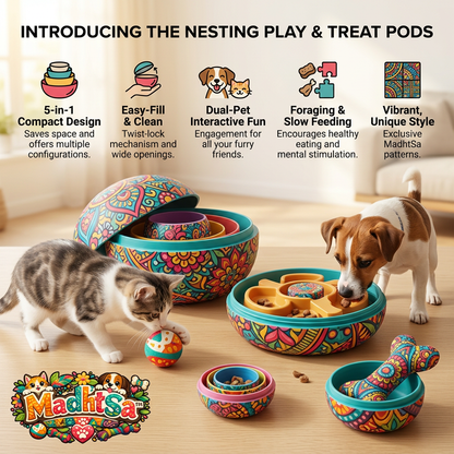 MadhtSa™ 5-in-1 Nesting Play & Treat Pods | Interactive Dog Puzzle Toy & Cat Foraging Bowl | Slow Feeder Pet Bowl Set with Treat Dispensing Ball & Bone Toy | Space-Saving & Mental Stimulation Pet Toys for Dogs & Cats