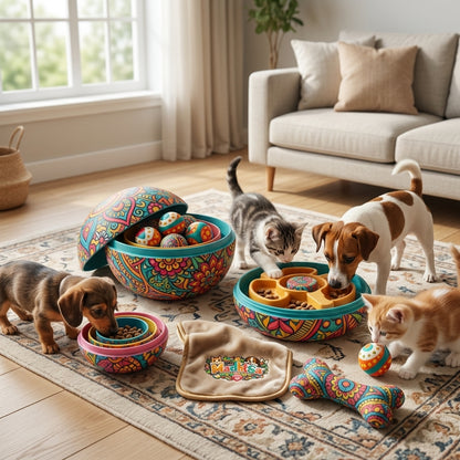 MadhtSa™ 5-in-1 Nesting Play & Treat Pods | Interactive Dog Puzzle Toy & Cat Foraging Bowl | Slow Feeder Pet Bowl Set with Treat Dispensing Ball & Bone Toy | Space-Saving & Mental Stimulation Pet Toys for Dogs & Cats