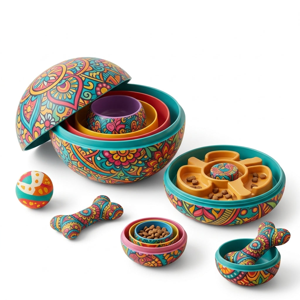 MadhtSa™ 5-in-1 Nesting Play & Treat Pods | Interactive Dog Puzzle Toy & Cat Foraging Bowl | Slow Feeder Pet Bowl Set with Treat Dispensing Ball & Bone Toy | Space-Saving & Mental Stimulation Pet Toys for Dogs & Cats