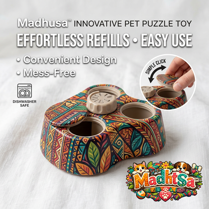 MadhtSa™ Interactive Pet Puzzle Toy - Easy-Refill Treat Dispenser & Slow Feeder for Dogs and Cats | Mental Stimulation & Boredom Relief Brain Game | Dishwasher Safe & Mess-Free | Vibrant Boho Design