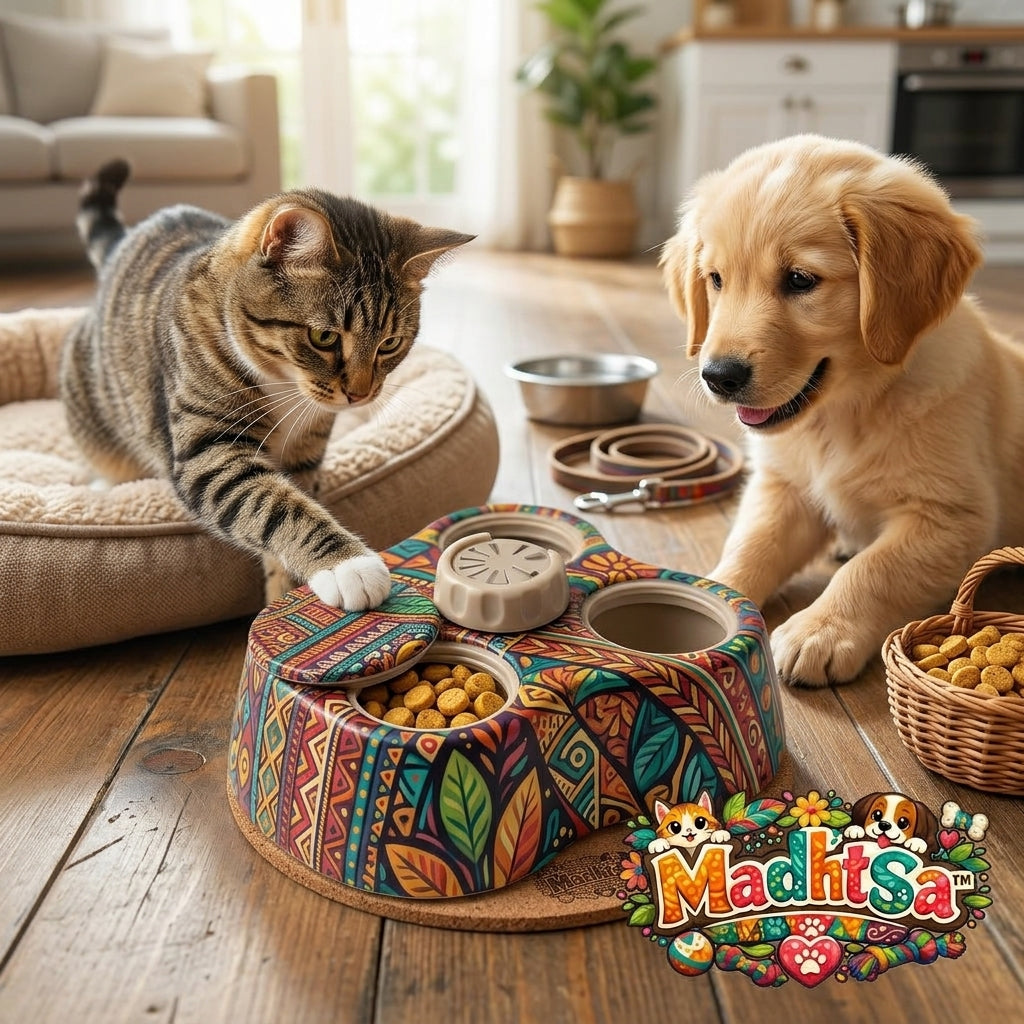 MadhtSa™ Interactive Pet Puzzle Toy - Easy-Refill Treat Dispenser & Slow Feeder for Dogs and Cats | Mental Stimulation & Boredom Relief Brain Game | Dishwasher Safe & Mess-Free | Vibrant Boho Design