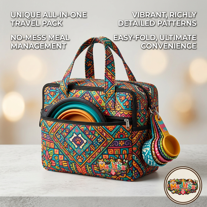MadhtSa™ Dog Travel Bag - All-in-One Pet Travel Organizer with 2 Collapsible Bowls & Measuring Cups, Portable Puppy Weekend Travel Bag with Vibrant Tribal Pattern, Outdoor Dog Diaper Bag for Travel & Camping