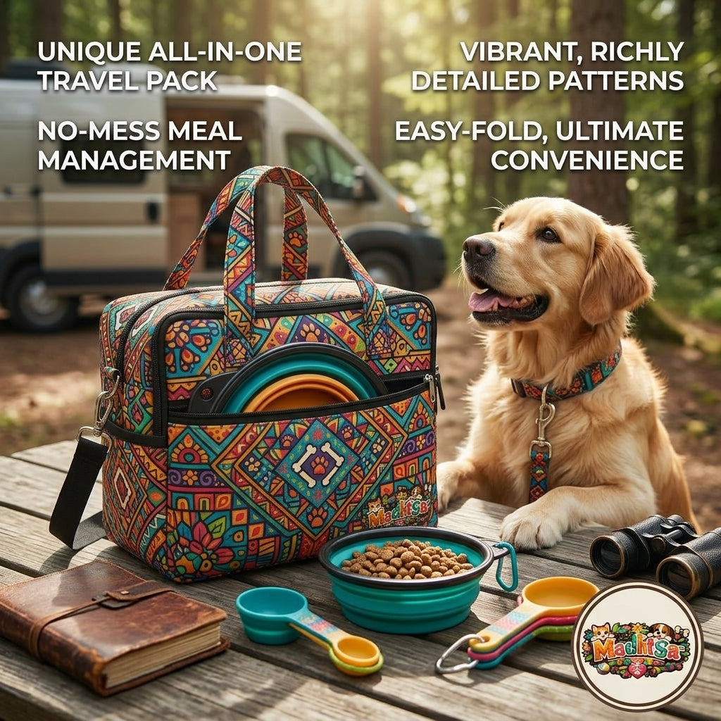 MadhtSa™ Dog Travel Bag - All-in-One Pet Travel Organizer with 2 Collapsible Bowls & Measuring Cups, Portable Puppy Weekend Travel Bag with Vibrant Tribal Pattern, Outdoor Dog Diaper Bag for Travel & Camping