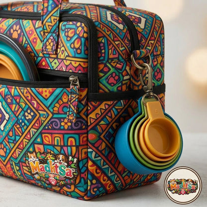 MadhtSa™ Dog Travel Bag - All-in-One Pet Travel Organizer with 2 Collapsible Bowls & Measuring Cups, Portable Puppy Weekend Travel Bag with Vibrant Tribal Pattern, Outdoor Dog Diaper Bag for Travel & Camping