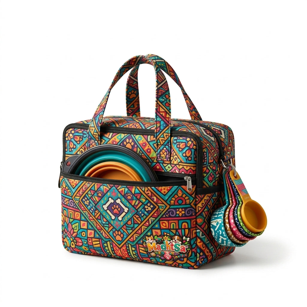 MadhtSa™ Dog Travel Bag - All-in-One Pet Travel Organizer with 2 Collapsible Bowls & Measuring Cups, Portable Puppy Weekend Travel Bag with Vibrant Tribal Pattern, Outdoor Dog Diaper Bag for Travel & Camping