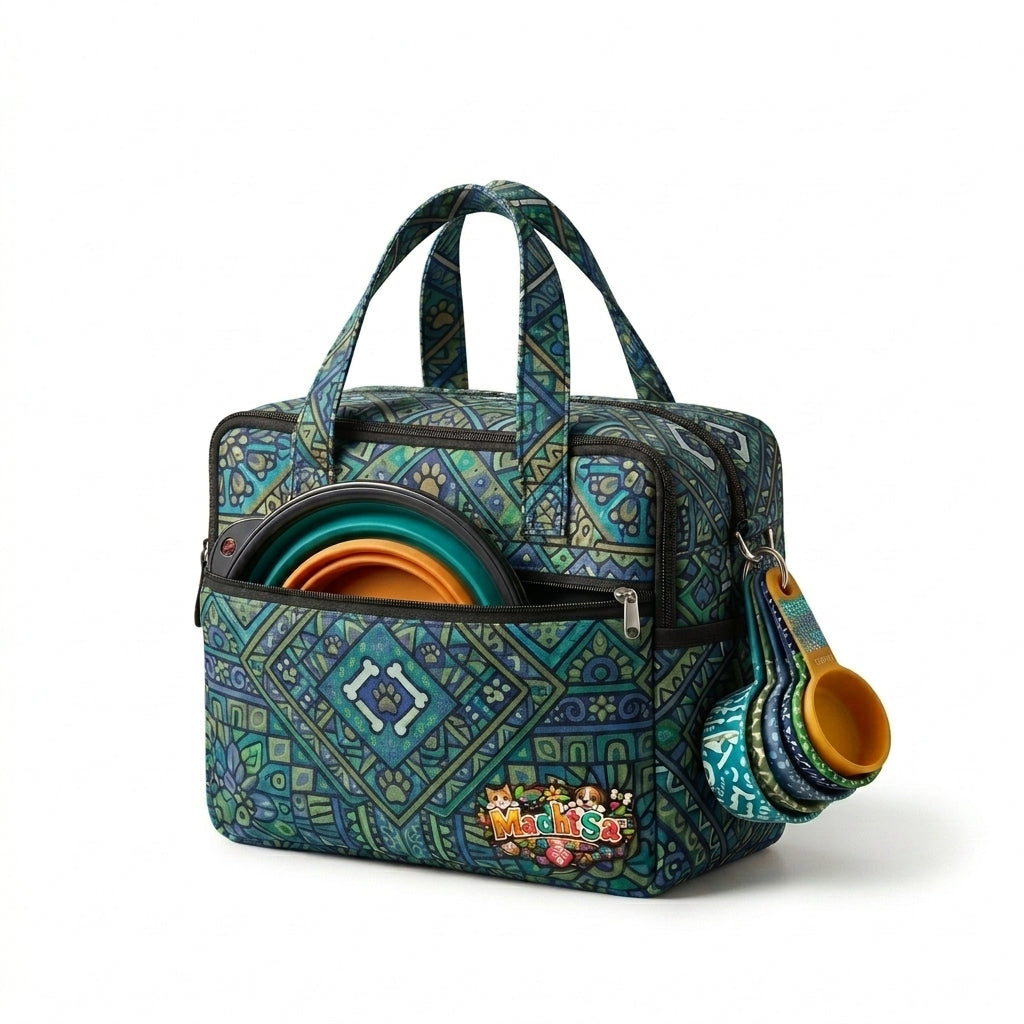 MadhtSa™ Dog Travel Bag - All-in-One Pet Travel Organizer with 2 Collapsible Bowls & Measuring Cups, Portable Puppy Weekend Travel Bag with Vibrant Tribal Pattern, Outdoor Dog Diaper Bag for Travel & Camping