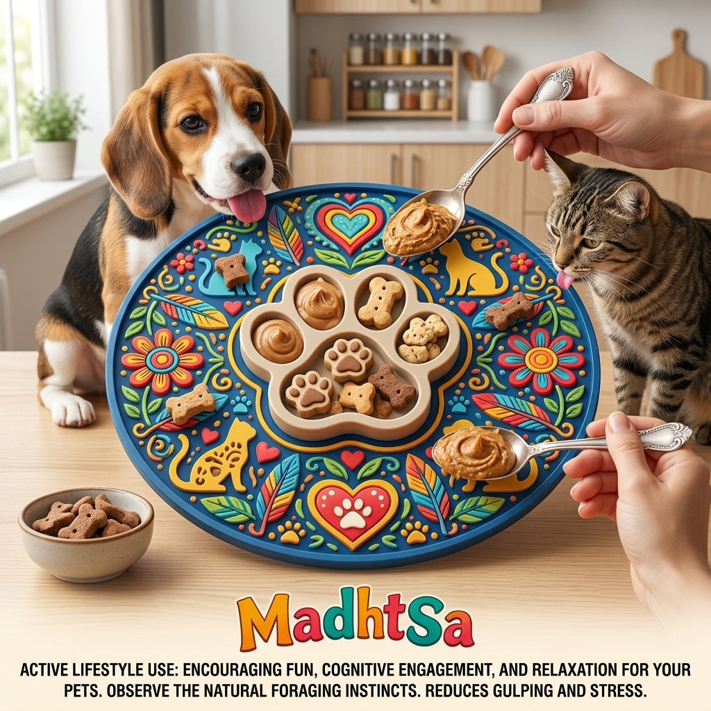 MadhtSa™ Dog Lick Mat with Paw-Shaped Slow Feeder Insert, Anxiety Relief Pet Treat Mat for Dogs & Cats, Colorful Boredom Buster Licking Mat for Peanut Butter, Yogurt & Wet Food, Easy to Clean & Fill