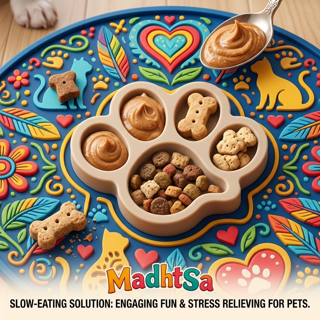 MadhtSa™ Dog Lick Mat with Paw-Shaped Slow Feeder Insert, Anxiety Relief Pet Treat Mat for Dogs & Cats, Colorful Boredom Buster Licking Mat for Peanut Butter, Yogurt & Wet Food, Easy to Clean & Fill