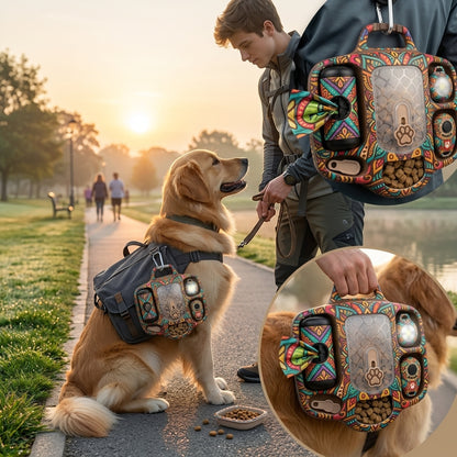 MadhtSa™ 4-in-1 Dog Training & Walking Organizer - Portable Dog Treat Dispenser with Removable Feeding Cup, Integrated Poop Bag Dispenser, Matching Training Clicker & LED Safety Light - Artistic Pet Travel Gear