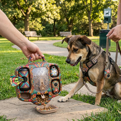 MadhtSa™ 4-in-1 Dog Training & Walking Organizer - Portable Dog Treat Dispenser with Removable Feeding Cup, Integrated Poop Bag Dispenser, Matching Training Clicker & LED Safety Light - Artistic Pet Travel Gear
