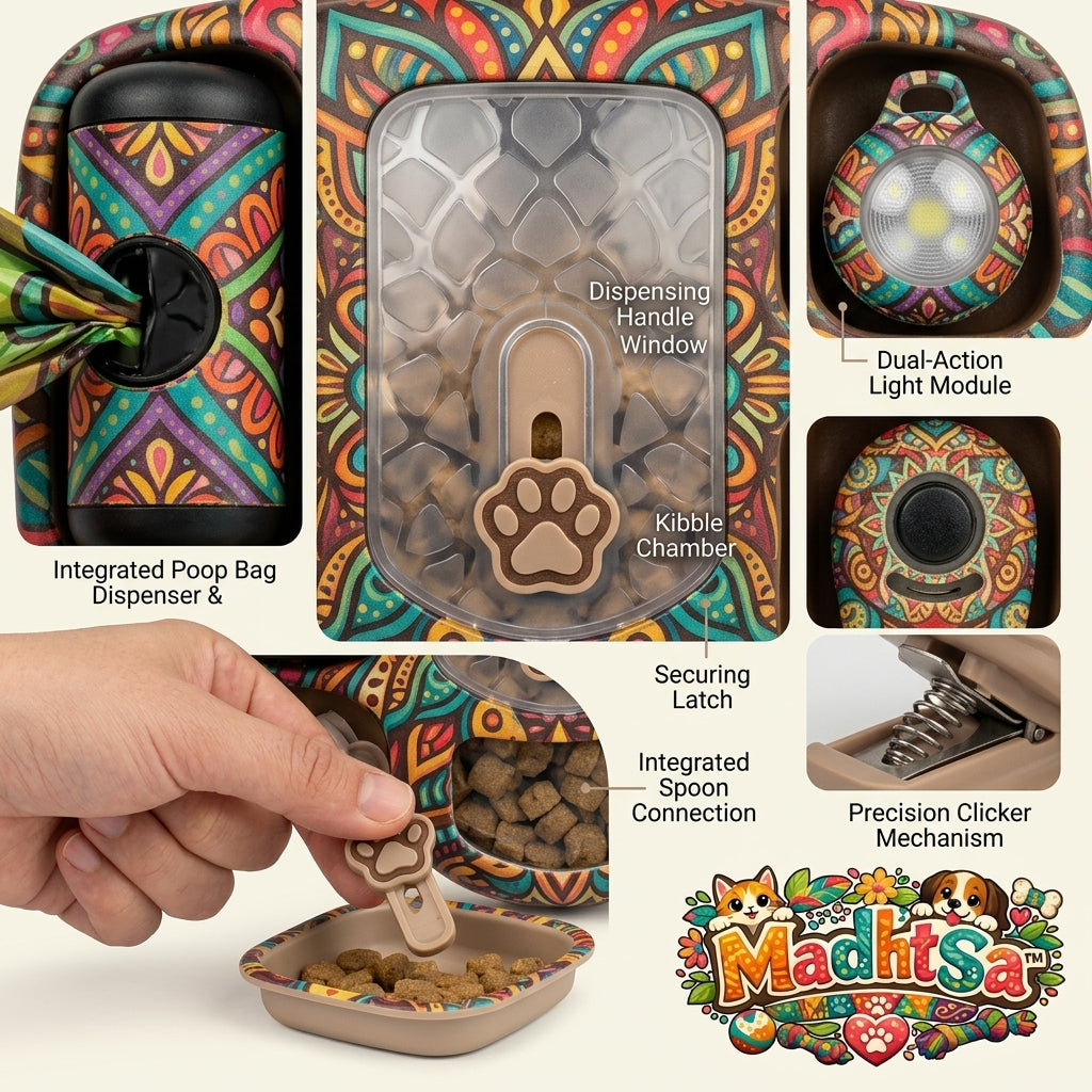 MadhtSa™ 4-in-1 Dog Training & Walking Organizer - Portable Dog Treat Dispenser with Removable Feeding Cup, Integrated Poop Bag Dispenser, Matching Training Clicker & LED Safety Light - Artistic Pet Travel Gear