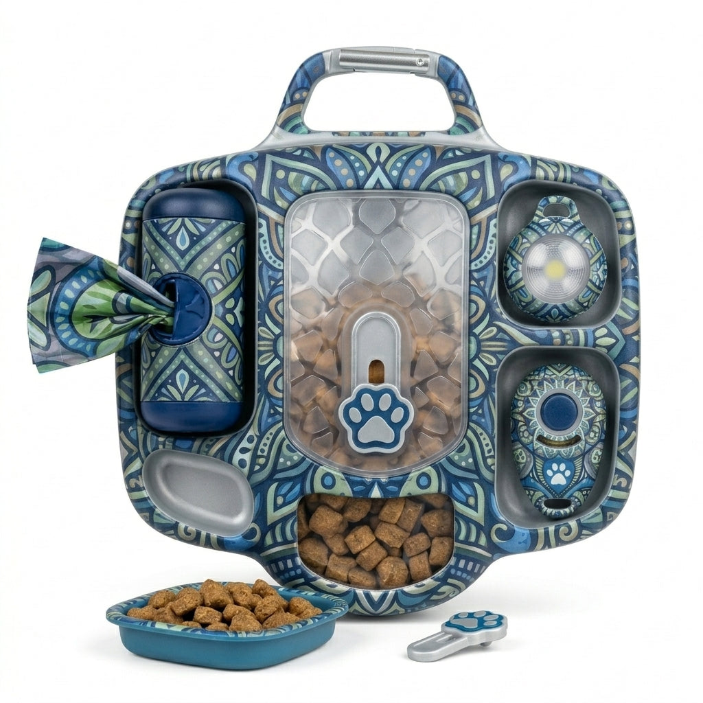 MadhtSa™ 4-in-1 Dog Training & Walking Organizer - Portable Dog Treat Dispenser with Removable Feeding Cup, Integrated Poop Bag Dispenser, Matching Training Clicker & LED Safety Light - Artistic Pet Travel Gear